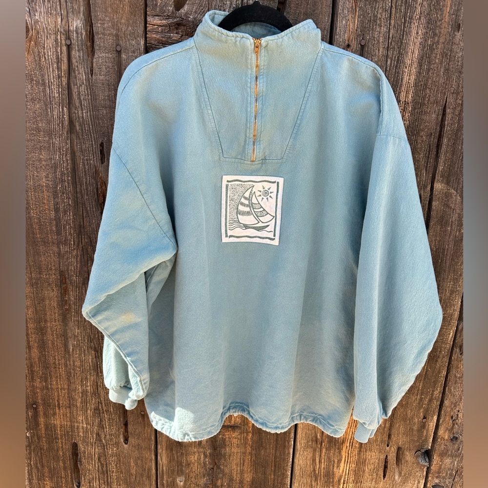 Taylor Teal Sailboat Seaside Crewneck Pullover Quarter Zip Sweater